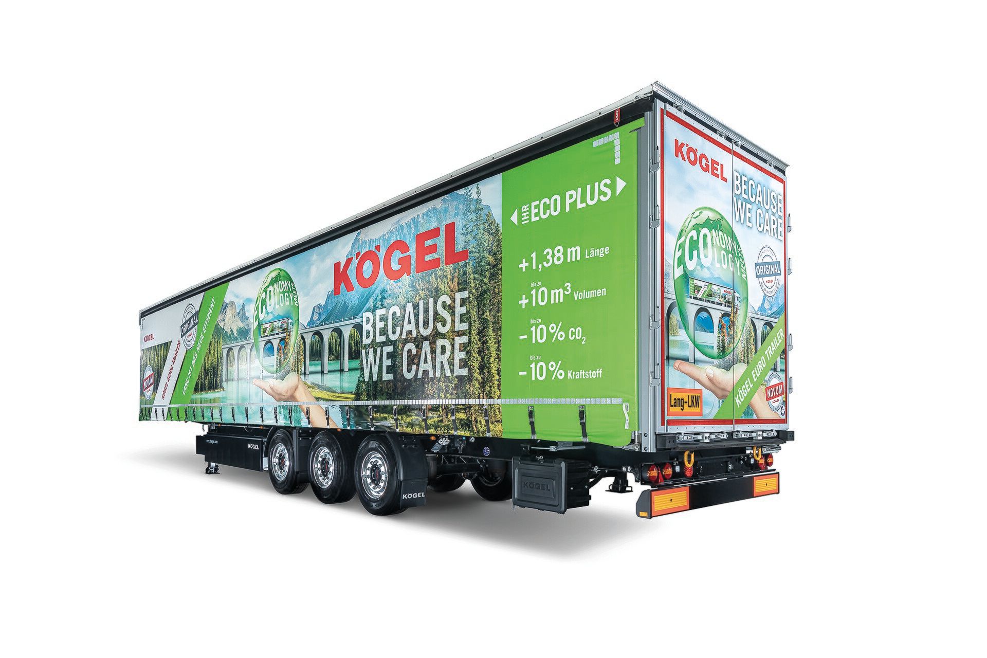Kögel EuroTrailer curtainsider semi-trailer of the NOVUM generation, the 1.38 m extended Lang-Lkw Type 1 body, seen from the rear nearside
