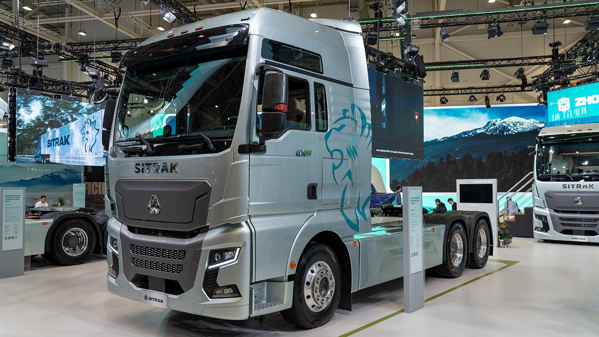 Sinotruk SITRAK battery-electric tractor unit, badged GX EV on the cab door, on the maker's stand at the IAA Transportation show